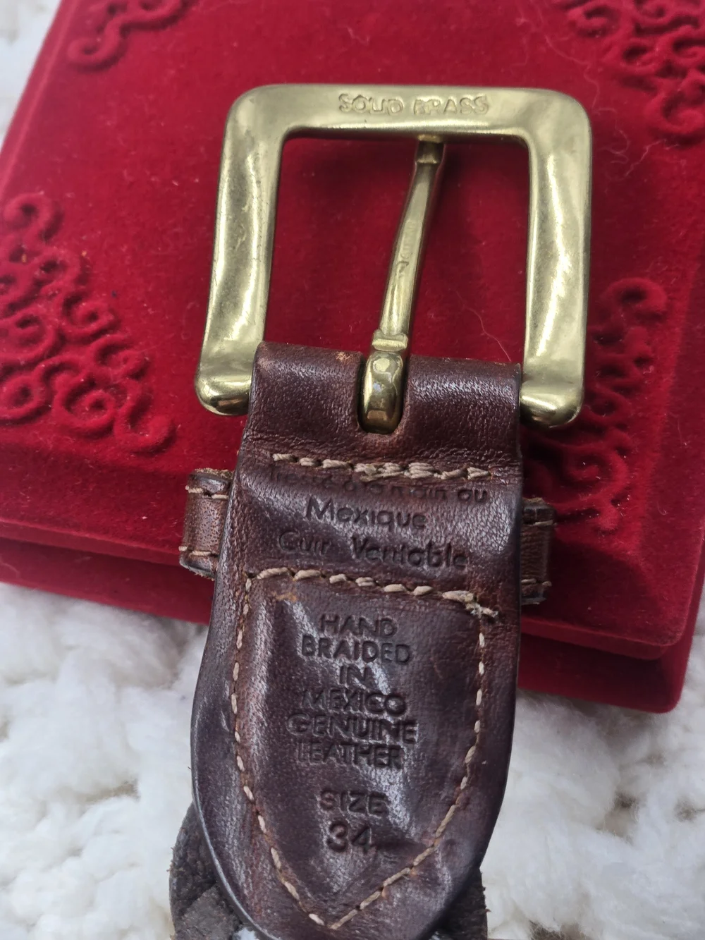 Braided Brown Leather Belt with Brass Buckle - Men